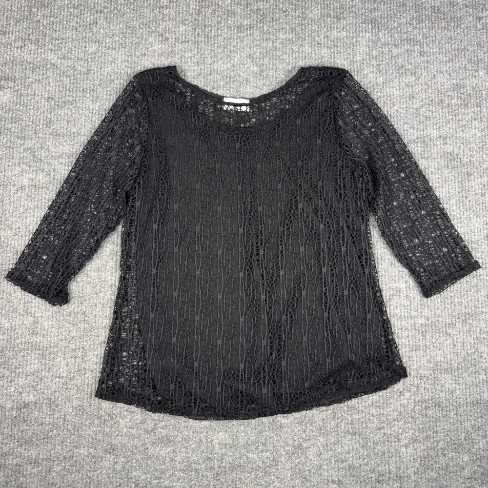 peck&peck Blouse Womens XL Black Lace Overlay Top Sheer 3/4 Sleeve Elegant Top